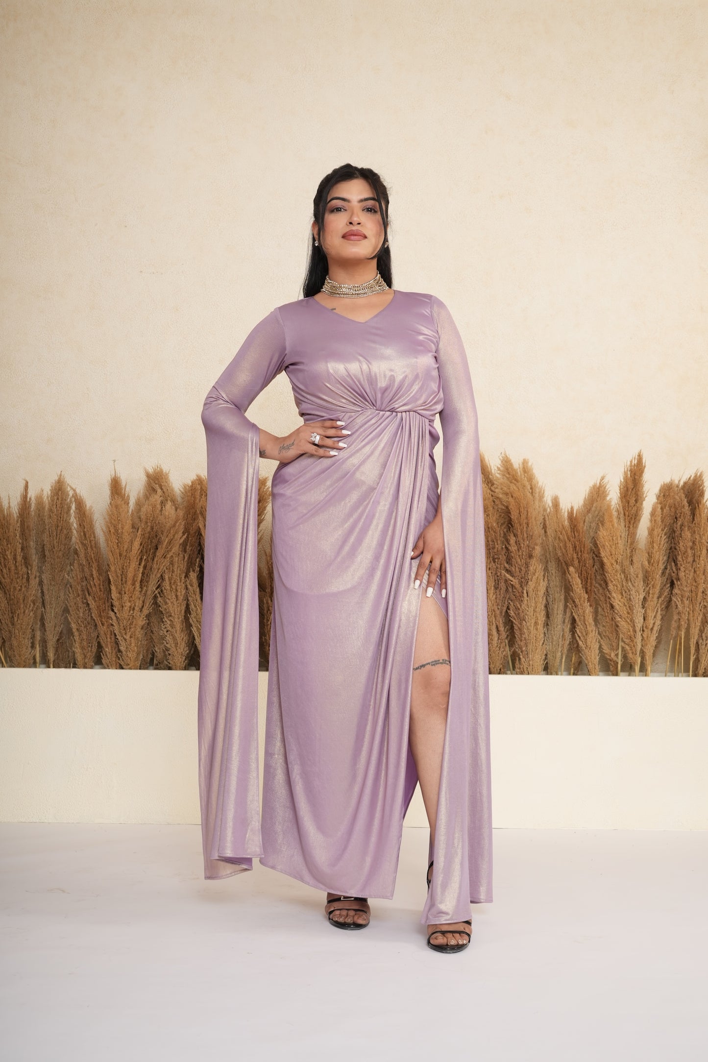Lavender Metallic Draped Gown with Cape Sleeves