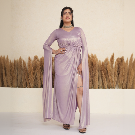 Lavender Metallic Draped Gown with Cape Sleeves