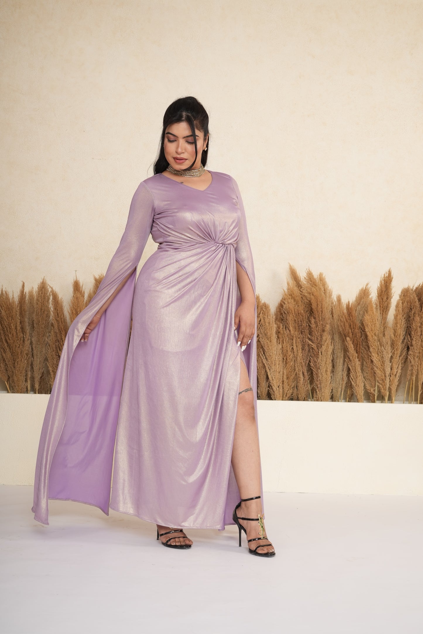 Lavender Metallic Draped Gown with Cape Sleeves
