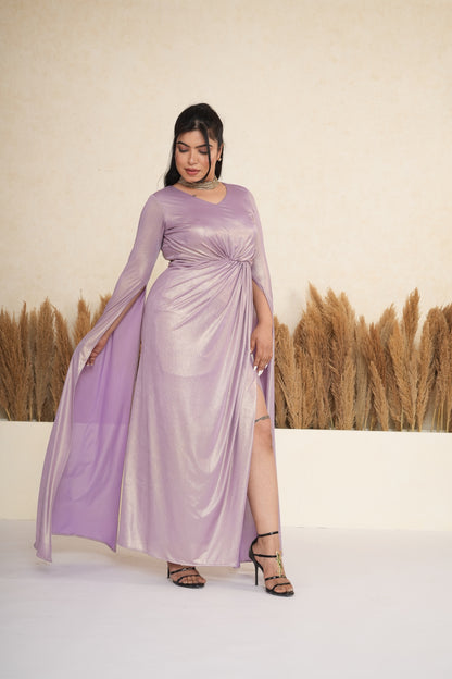 Lavender Metallic Draped Gown with Cape Sleeves