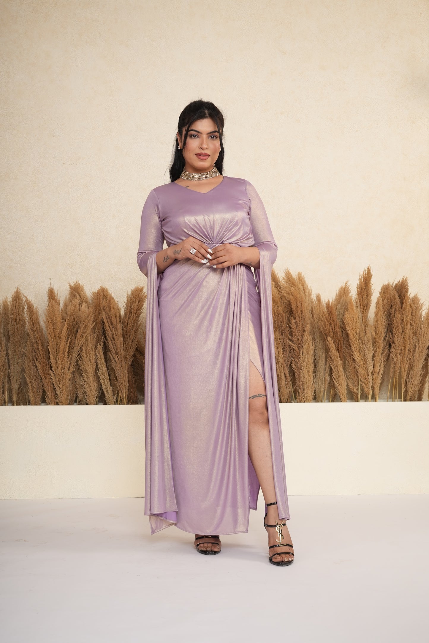 Lavender Metallic Draped Gown with Cape Sleeves
