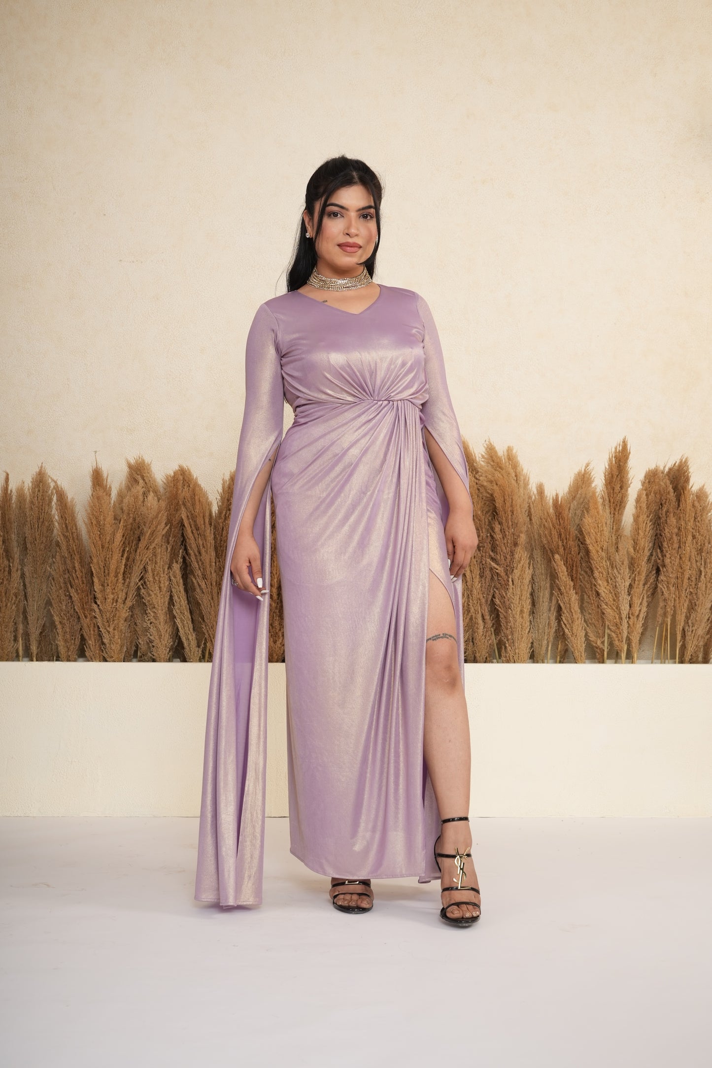 Lavender Metallic Draped Gown with Cape Sleeves