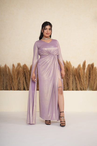 Lavender Metallic Draped Gown with Cape Sleeves
