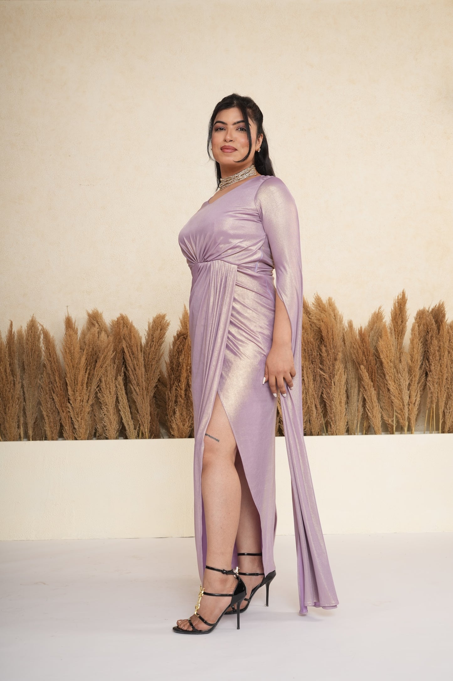 Lavender Metallic Draped Gown with Cape Sleeves