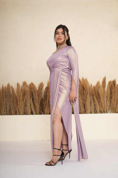 Lavender Metallic Draped Gown with Cape Sleeves