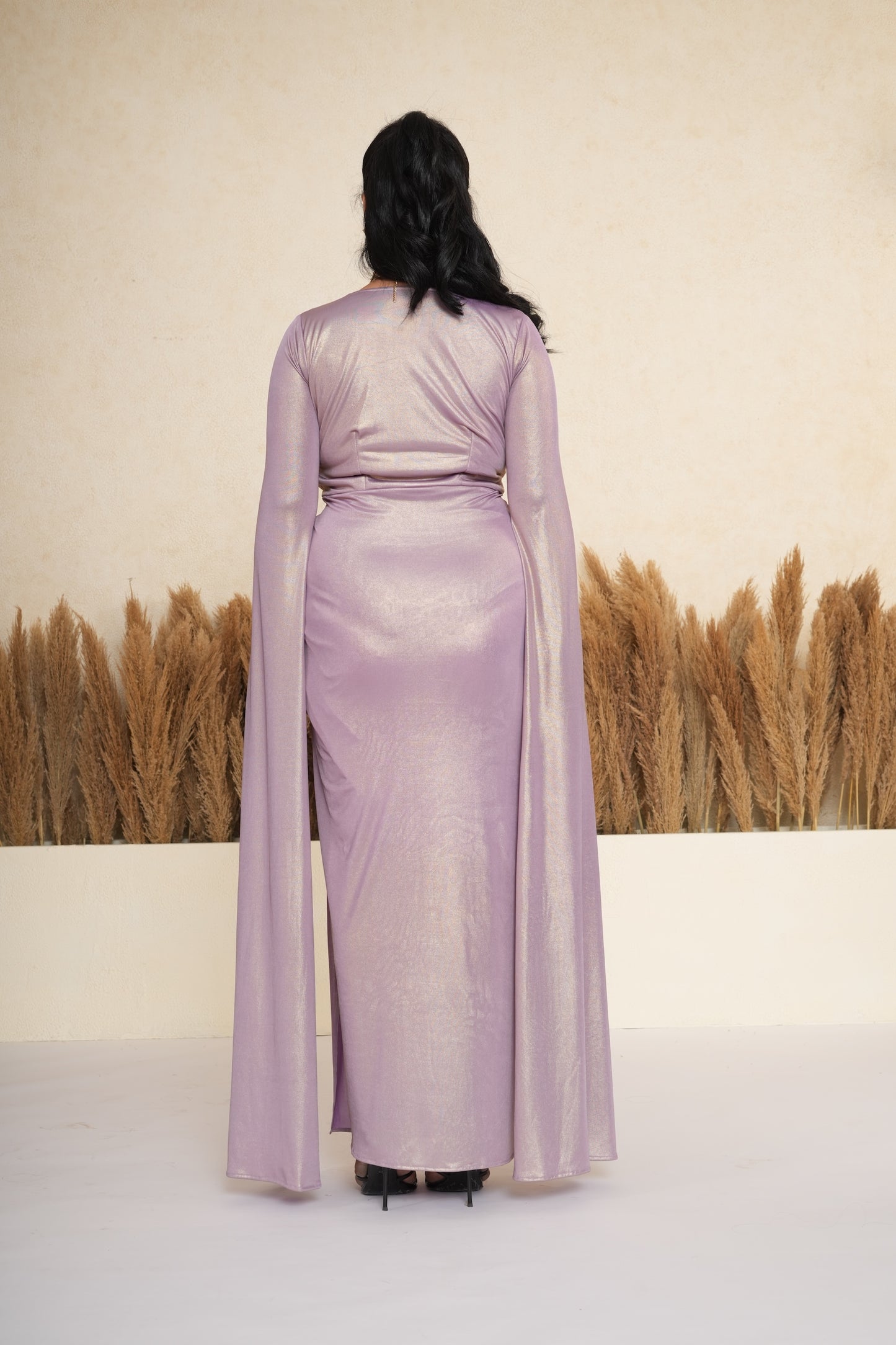 Lavender Metallic Draped Gown with Cape Sleeves