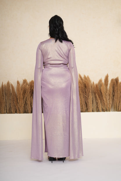 Lavender Metallic Draped Gown with Cape Sleeves