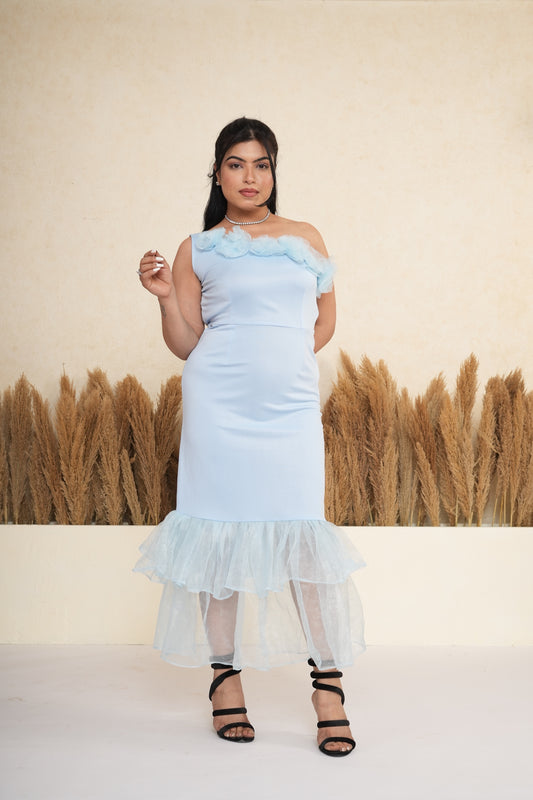 Powder Blue One-Shoulder Ruffle Mermaid Midi Dress