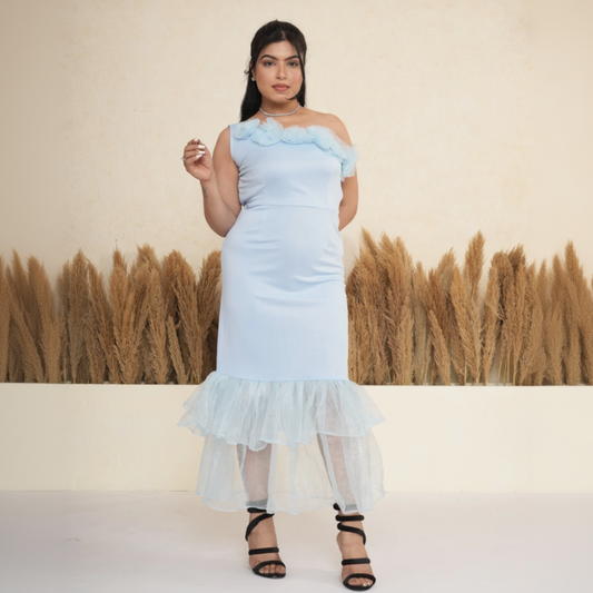 Powder Blue One-Shoulder Ruffle Mermaid Midi Dress