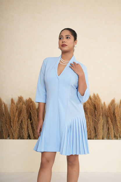 Sky Blue Asymmetric Pleated Blazer Dress