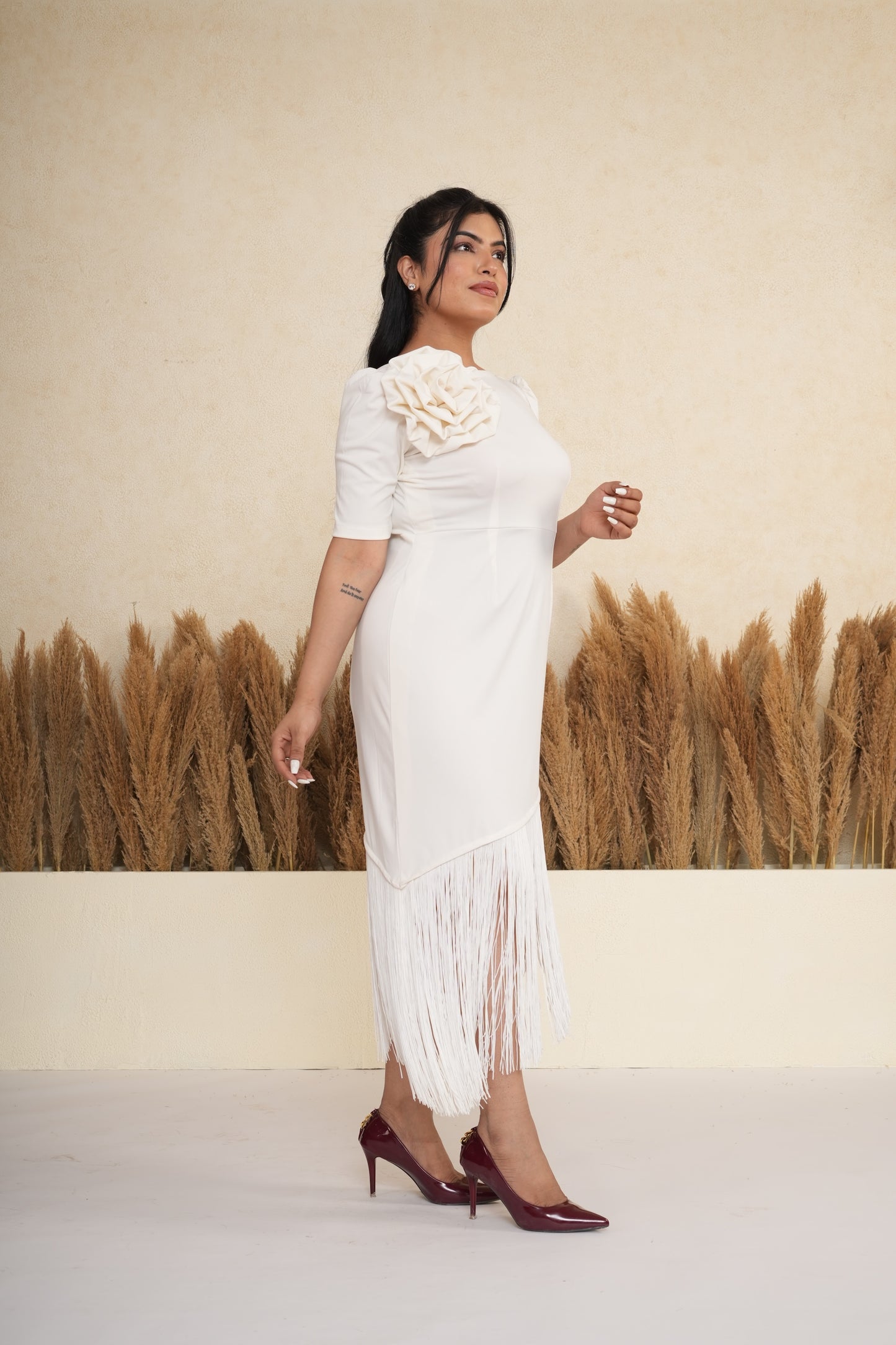 Ivory White 3D Rosette Fringe Midi Dress