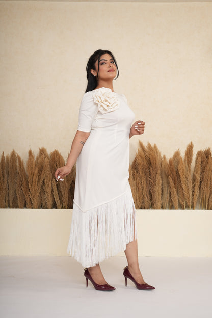 Ivory White 3D Rosette Fringe Midi Dress