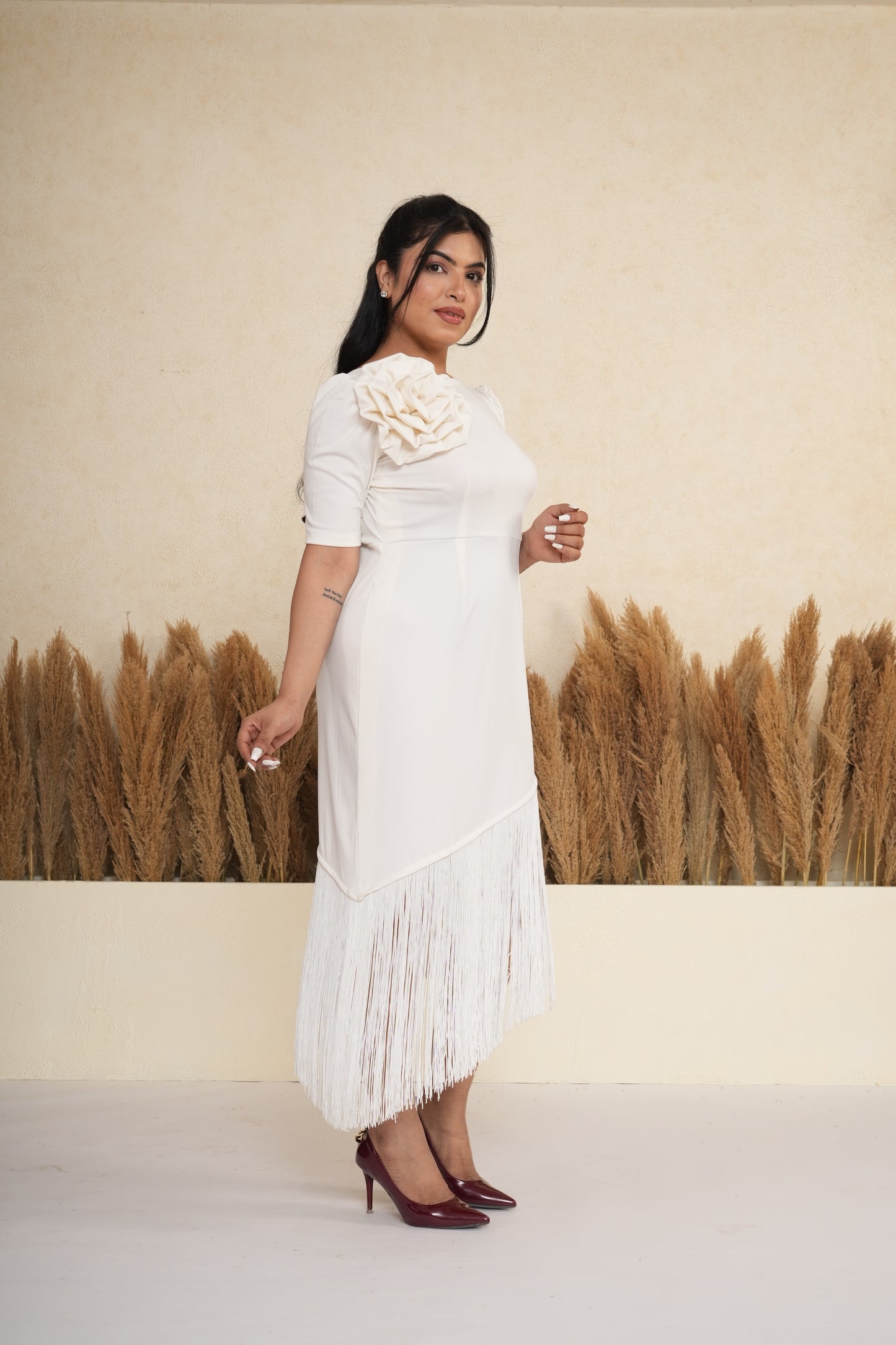Ivory White 3D Rosette Fringe Midi Dress