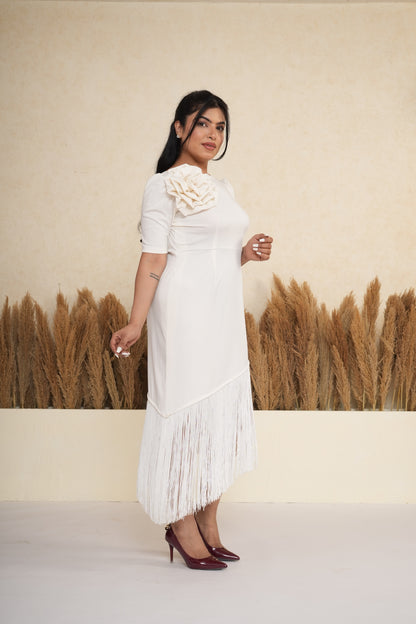 Ivory White 3D Rosette Fringe Midi Dress