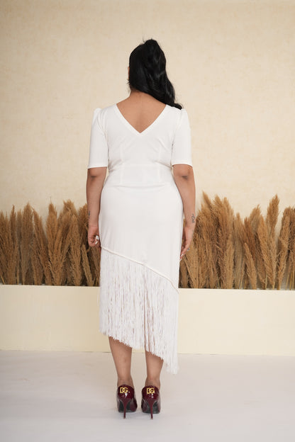 Ivory White 3D Rosette Fringe Midi Dress