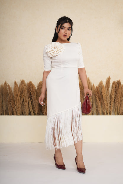 Ivory White 3D Rosette Fringe Midi Dress
