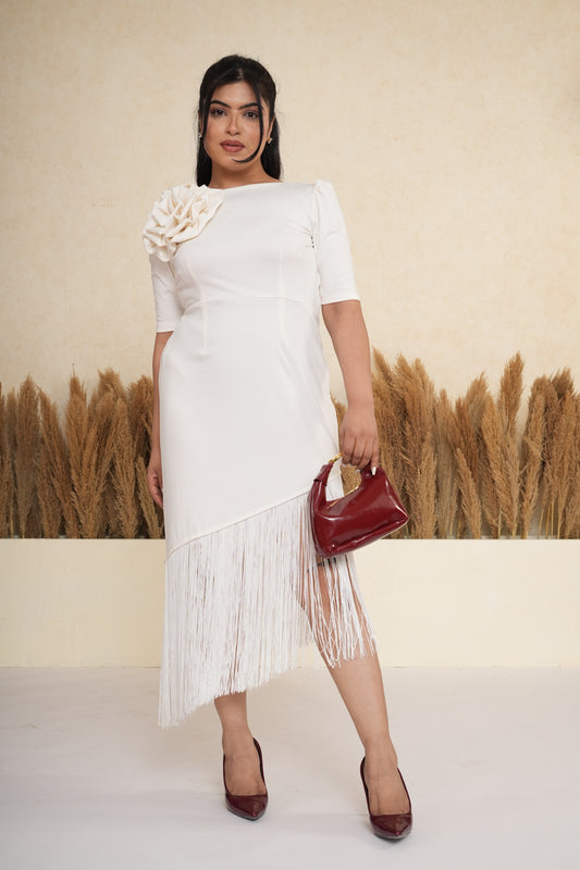 Ivory White 3D Rosette Fringe Midi Dress