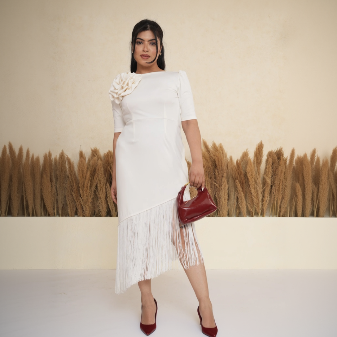 Ivory White 3D Rosette Fringe Midi Dress – Clasyy