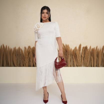 Ivory White 3D Rosette Fringe Midi Dress