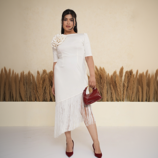 Ivory White 3D Rosette Fringe Midi Dress