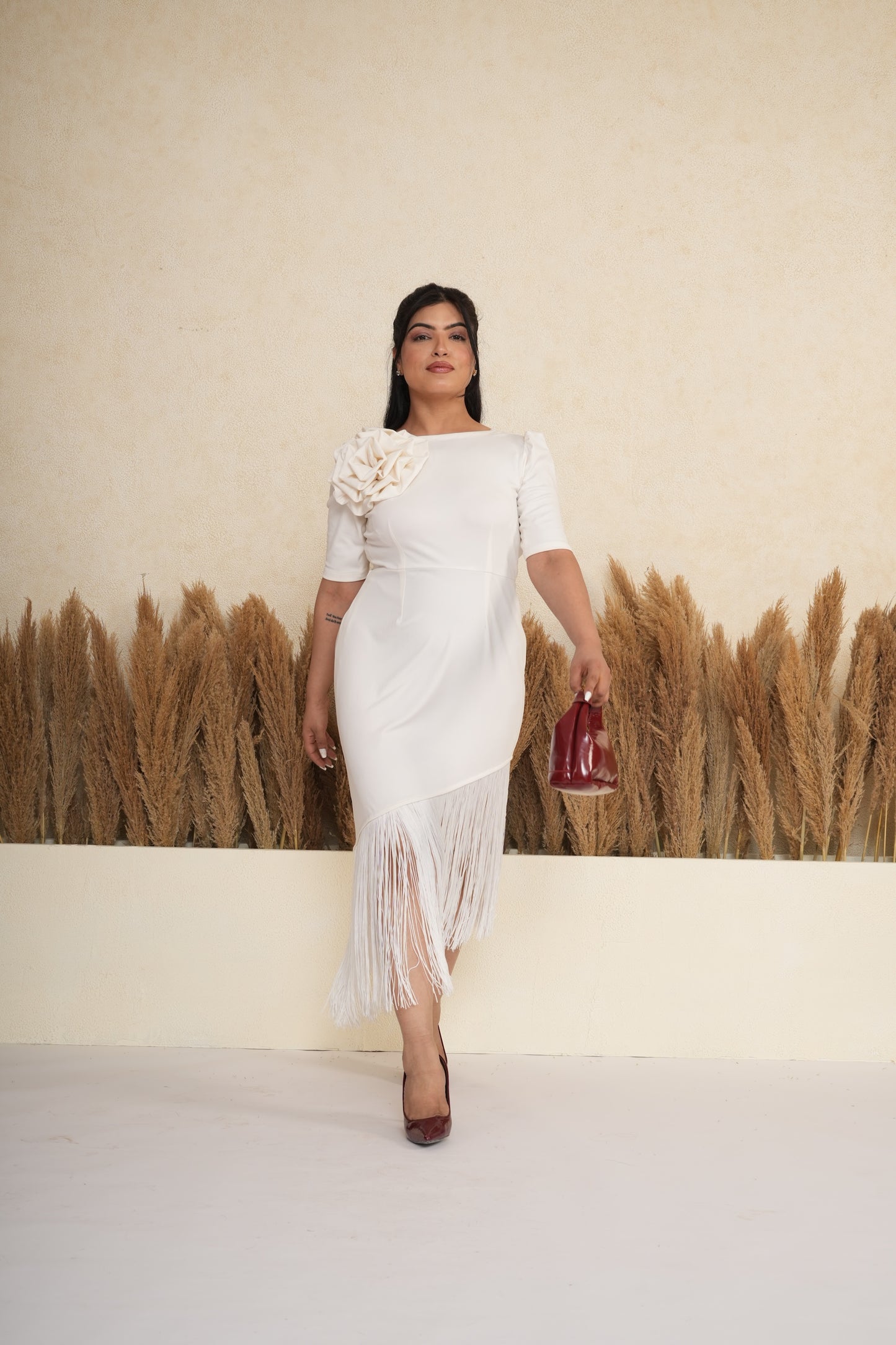 Ivory White 3D Rosette Fringe Midi Dress