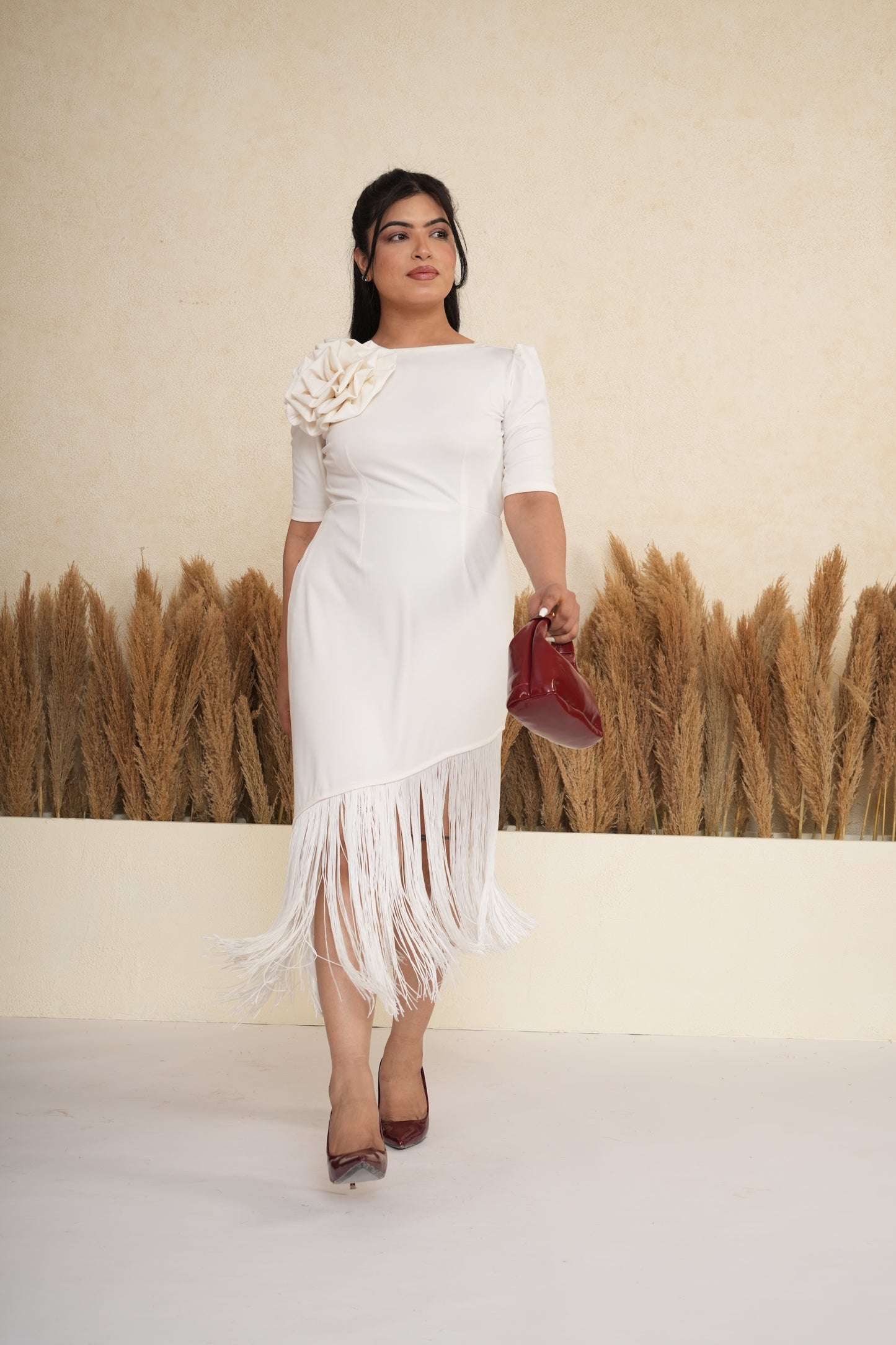 Ivory White 3D Rosette Fringe Midi Dress