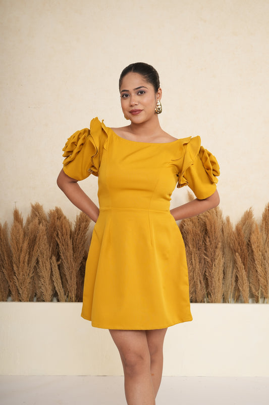 Marigold Mustard Rosette Sleeve Mini Dress