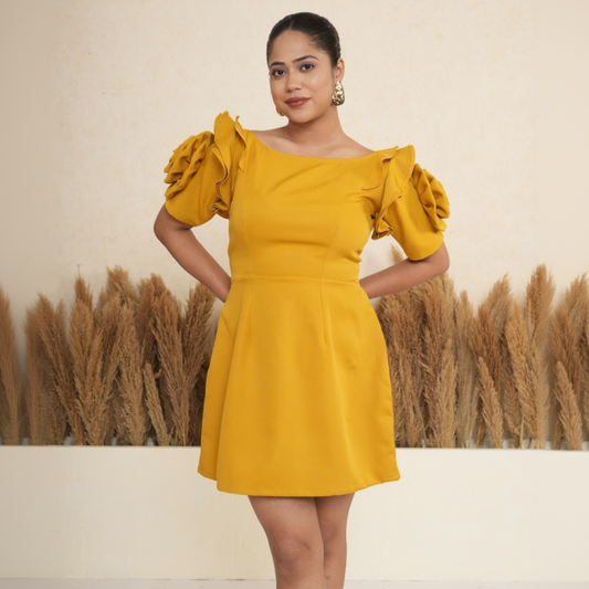 Marigold Mustard Rosette Sleeve Mini Dress