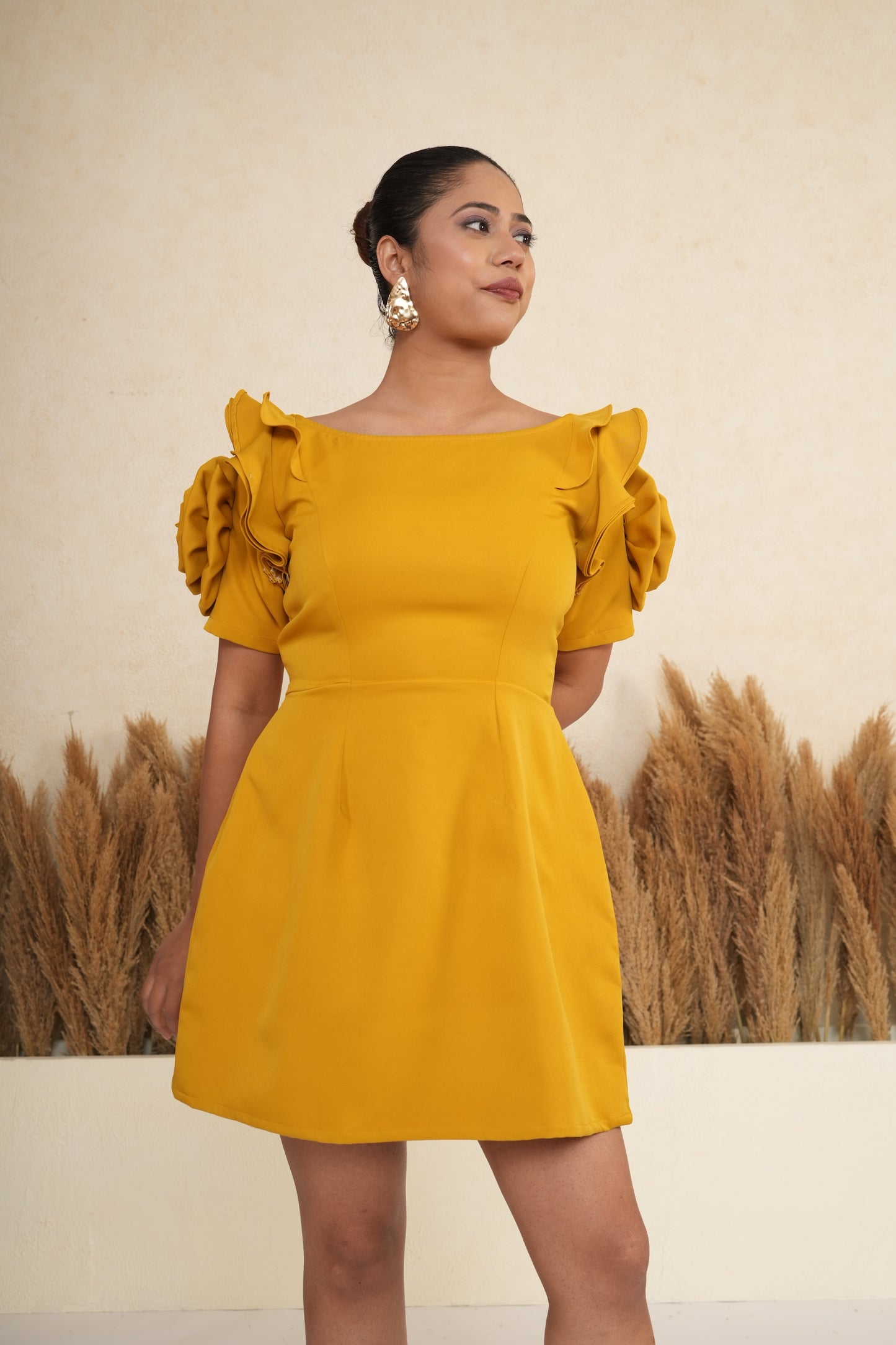Marigold Mustard Rosette Sleeve Mini Dress