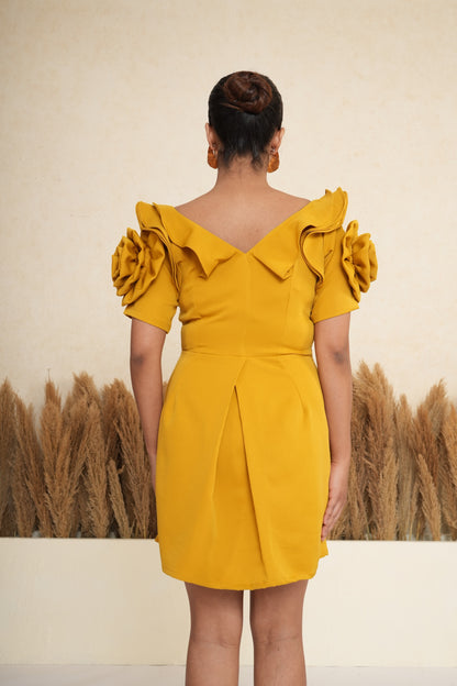 Marigold Mustard Rosette Sleeve Mini Dress