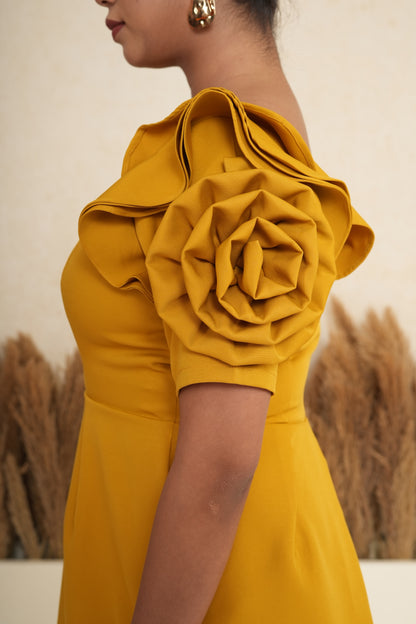 Marigold Mustard Rosette Sleeve Mini Dress