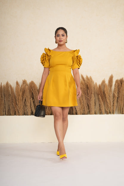 Marigold Mustard Rosette Sleeve Mini Dress