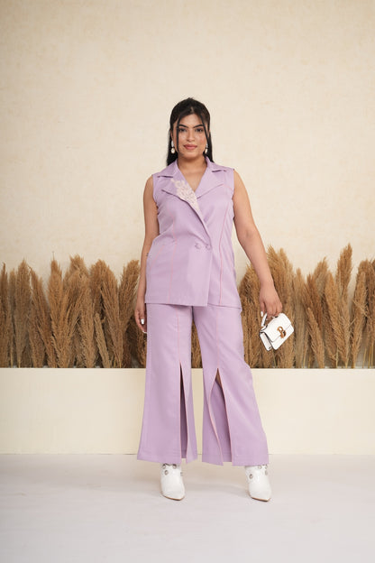 Lavender Lace-Accent Sleeveless Blazer & Trousers Coord Set