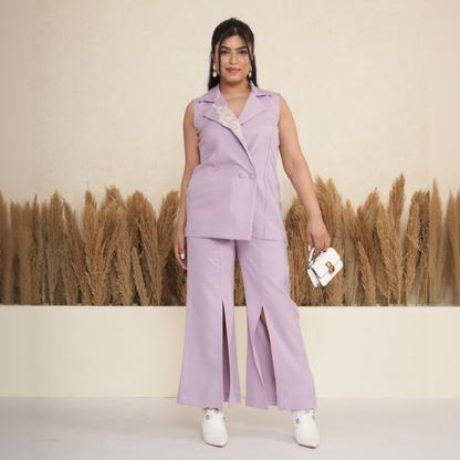 Lavender Lace-Accent Sleeveless Blazer & Trousers Coord Set