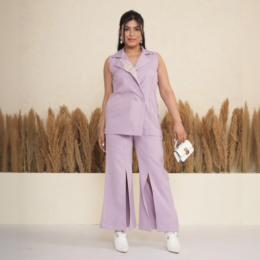 Lavender Lace-Accent Sleeveless Blazer & Trousers Coord Set
