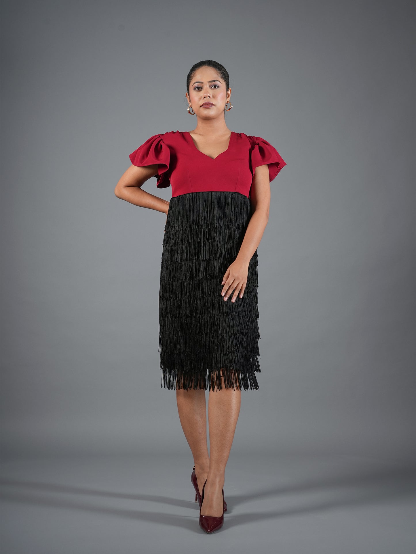 Crimson V-Neck Ruffle-Sleeve Fringe Midi Dress