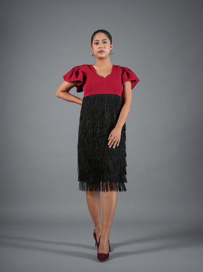 Crimson V-Neck Ruffle-Sleeve Fringe Midi Dress