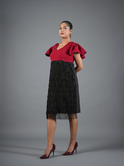 Crimson V-Neck Ruffle-Sleeve Fringe Midi Dress