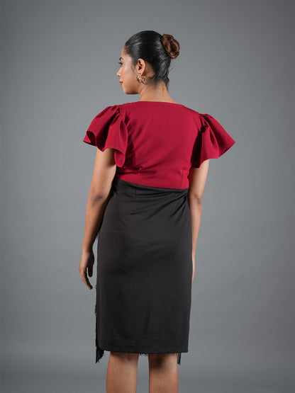 Crimson V-Neck Ruffle-Sleeve Fringe Midi Dress