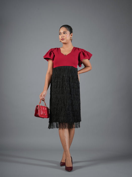 Crimson V-Neck Ruffle-Sleeve Fringe Midi Dress
