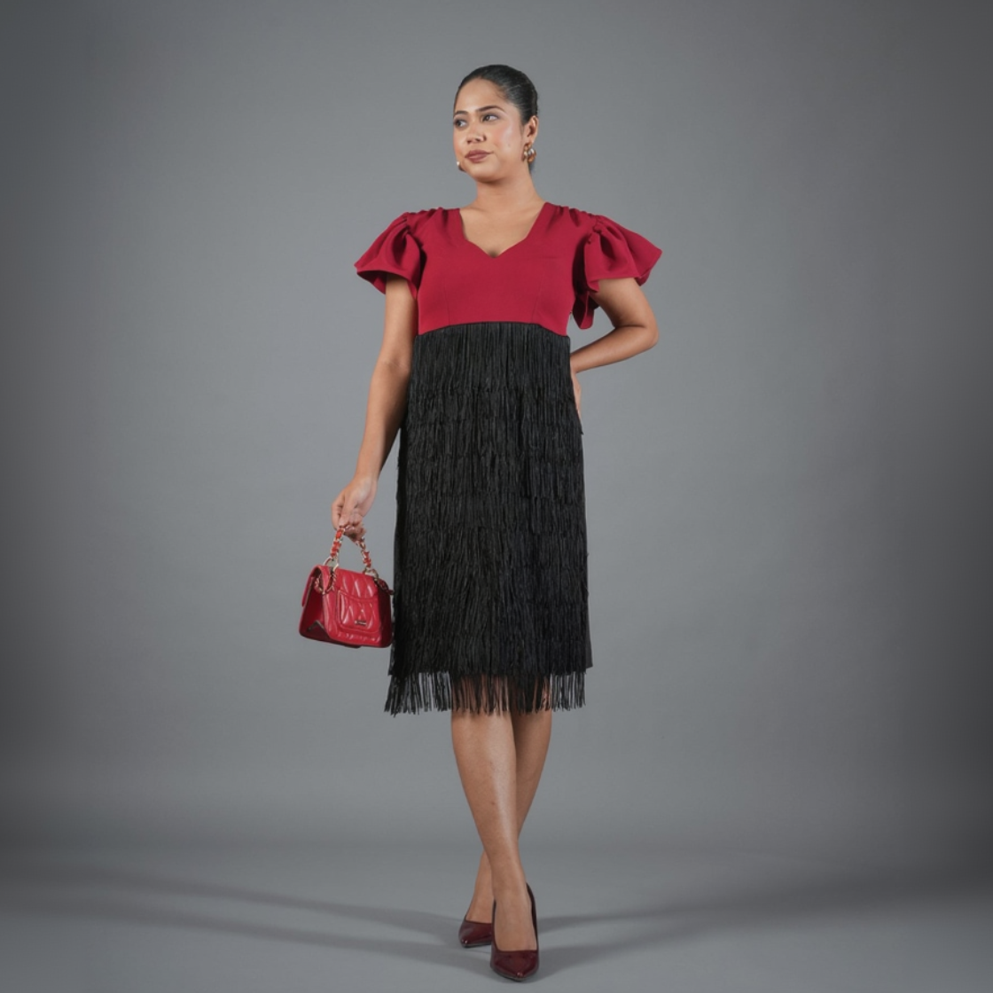 Crimson V-Neck Ruffle-Sleeve Fringe Midi Dress