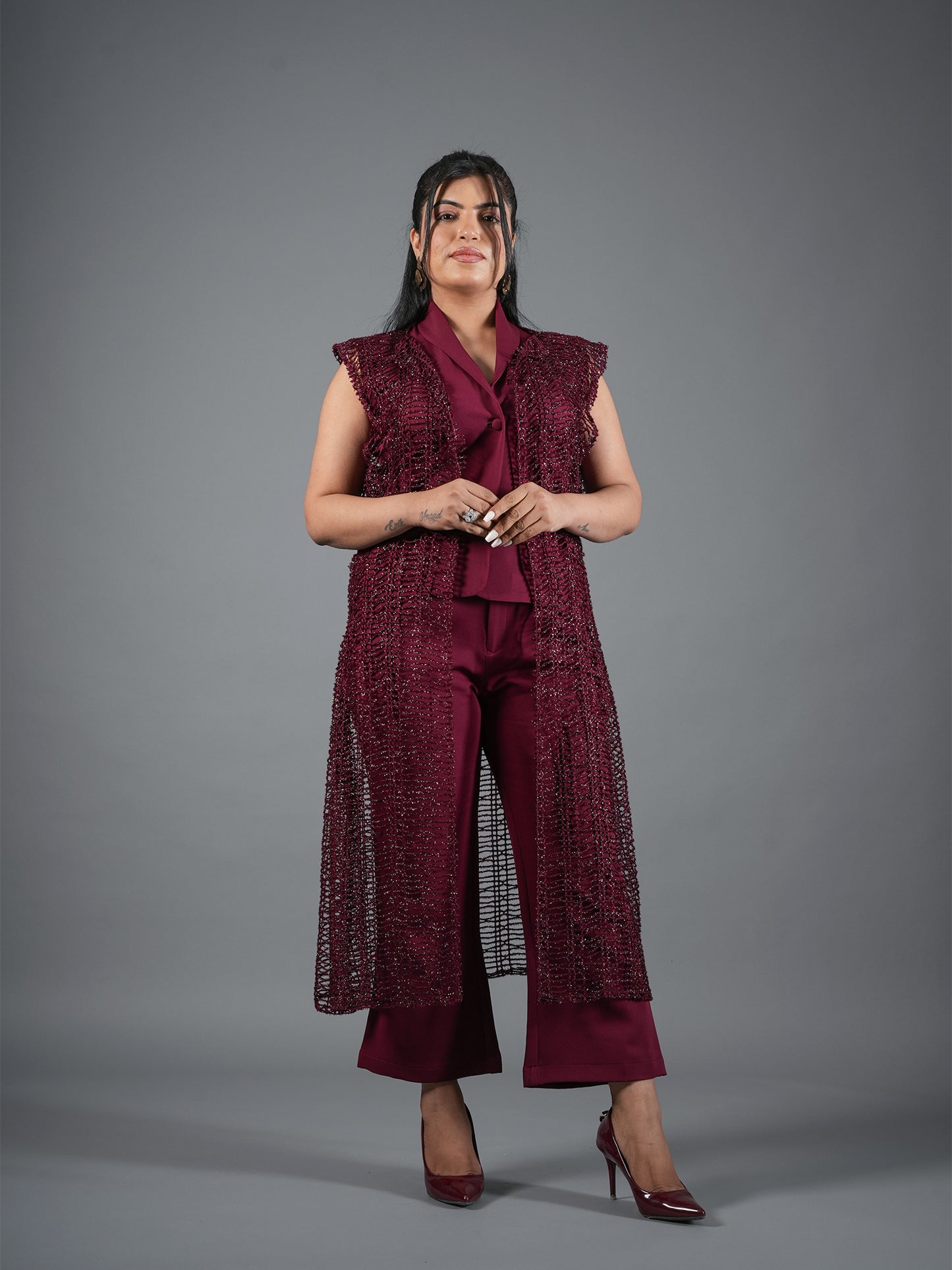 mehroon Embellished Cape Pant Coord Set With Shrug