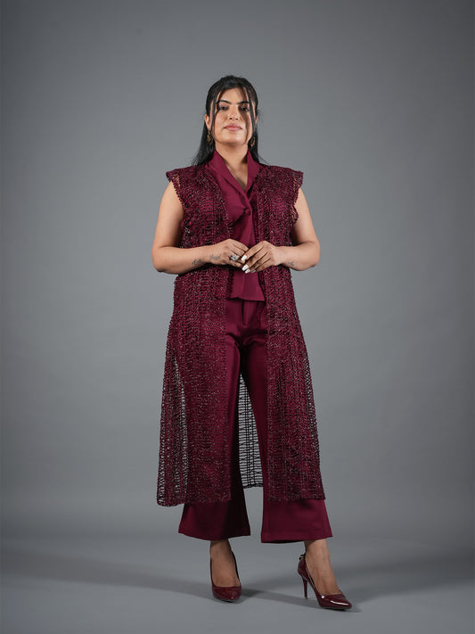 mehroon Embellished Cape Pant Coord Set With Shrug