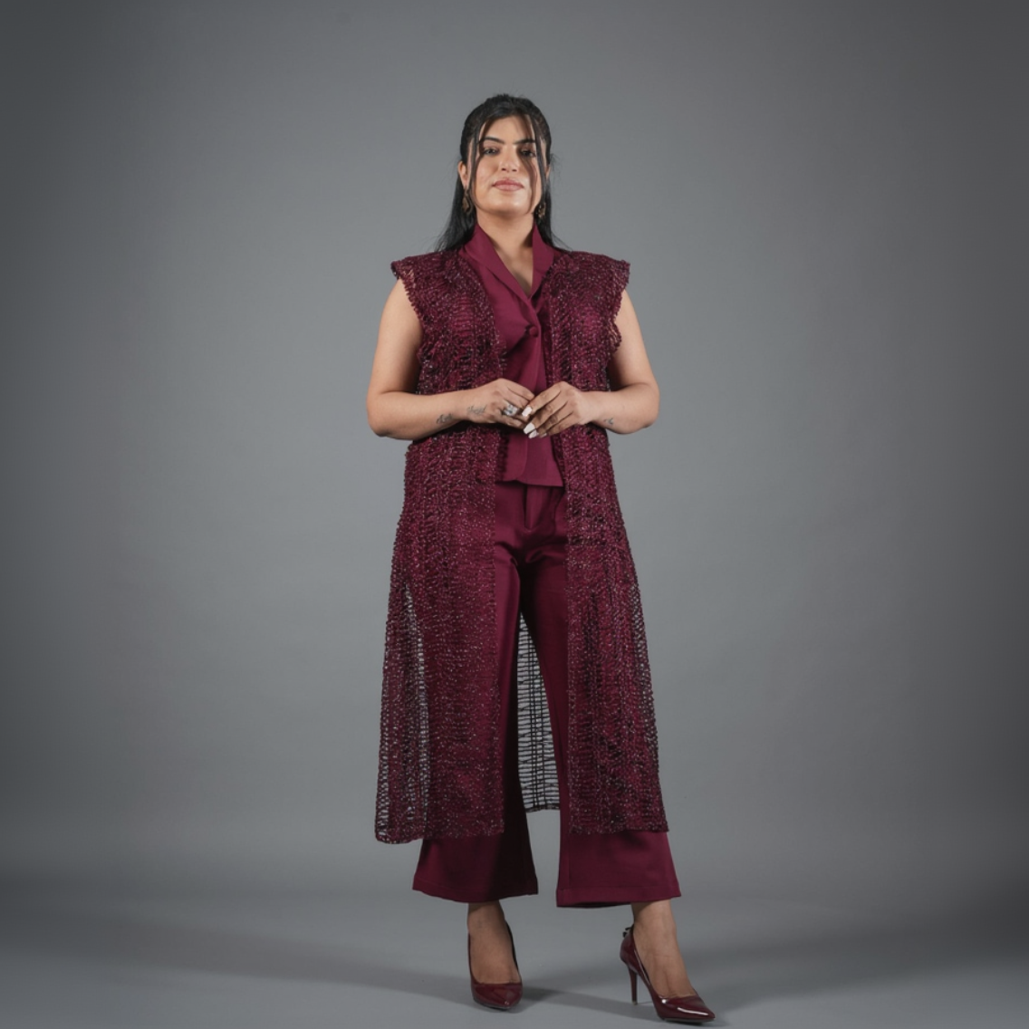 mehroon Embellished Cape Pant Coord Set With Shrug