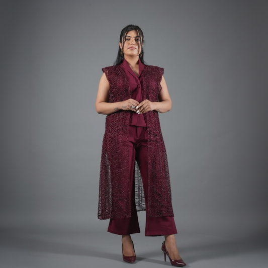 mehroon Embellished Cape Pant Coord Set With Shrug