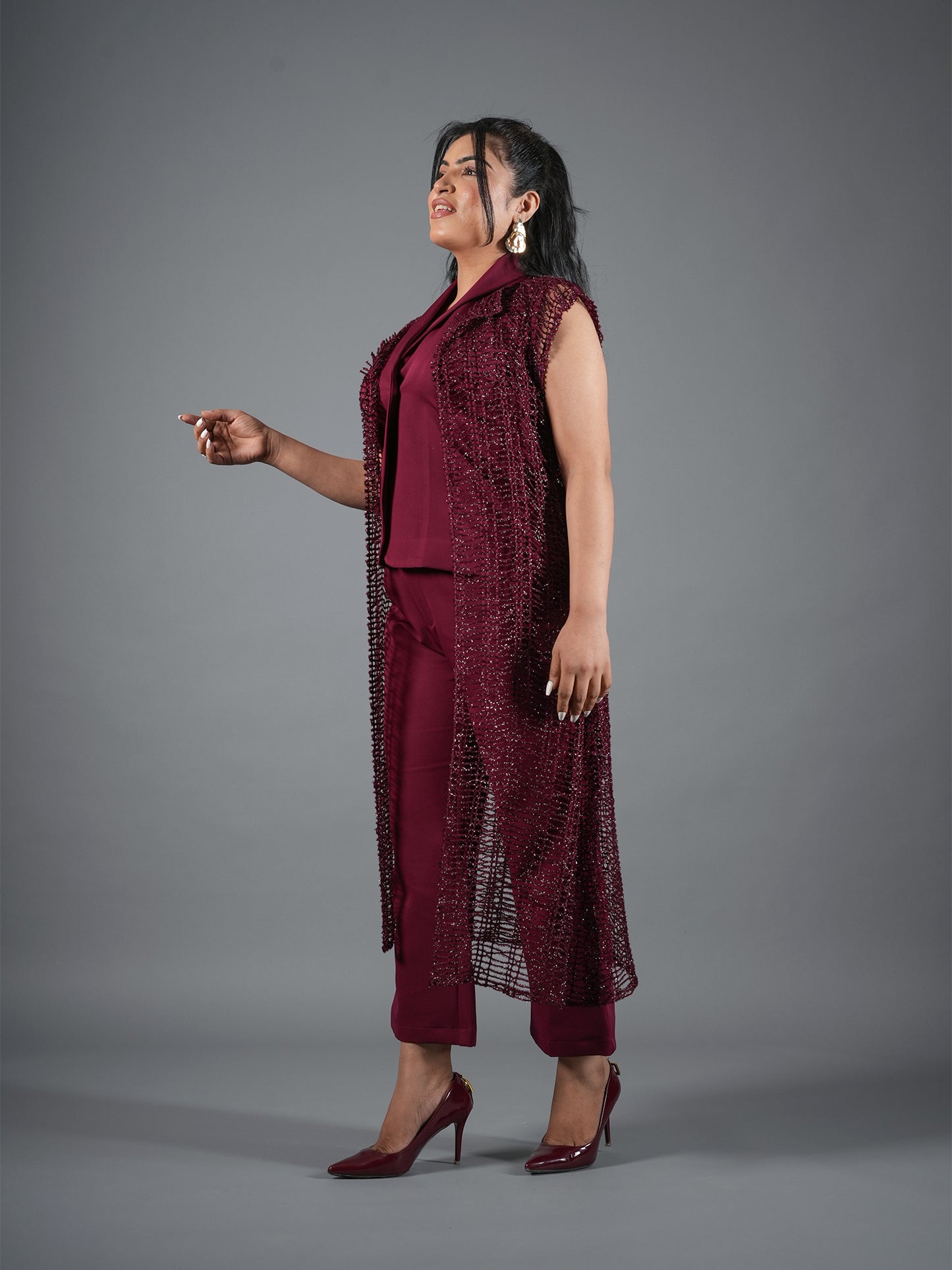 mehroon Embellished Cape Pant Coord Set With Shrug