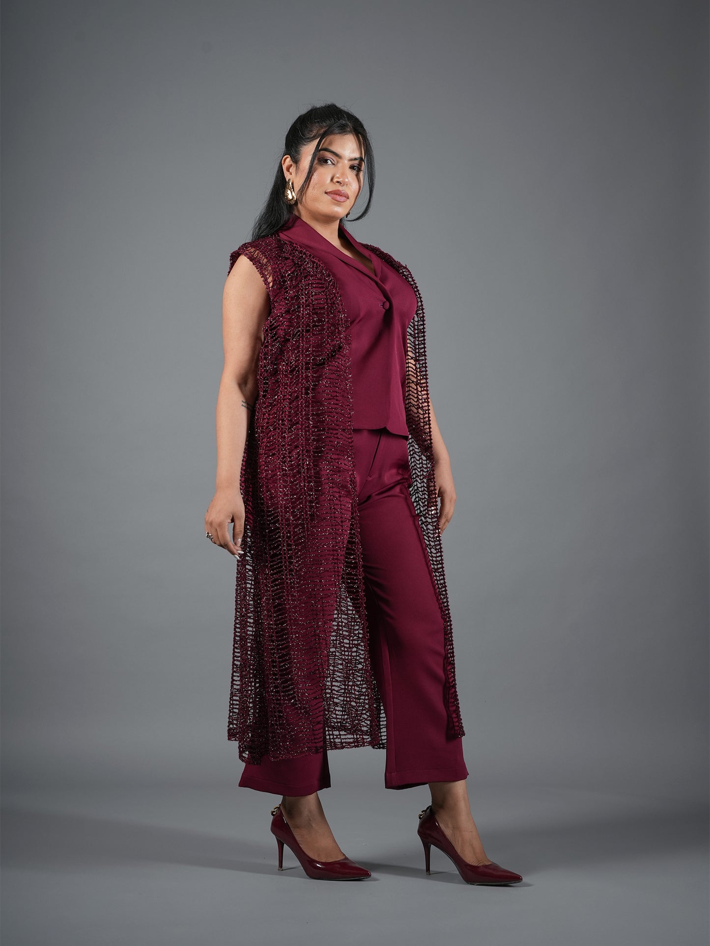 mehroon Embellished Cape Pant Coord Set With Shrug