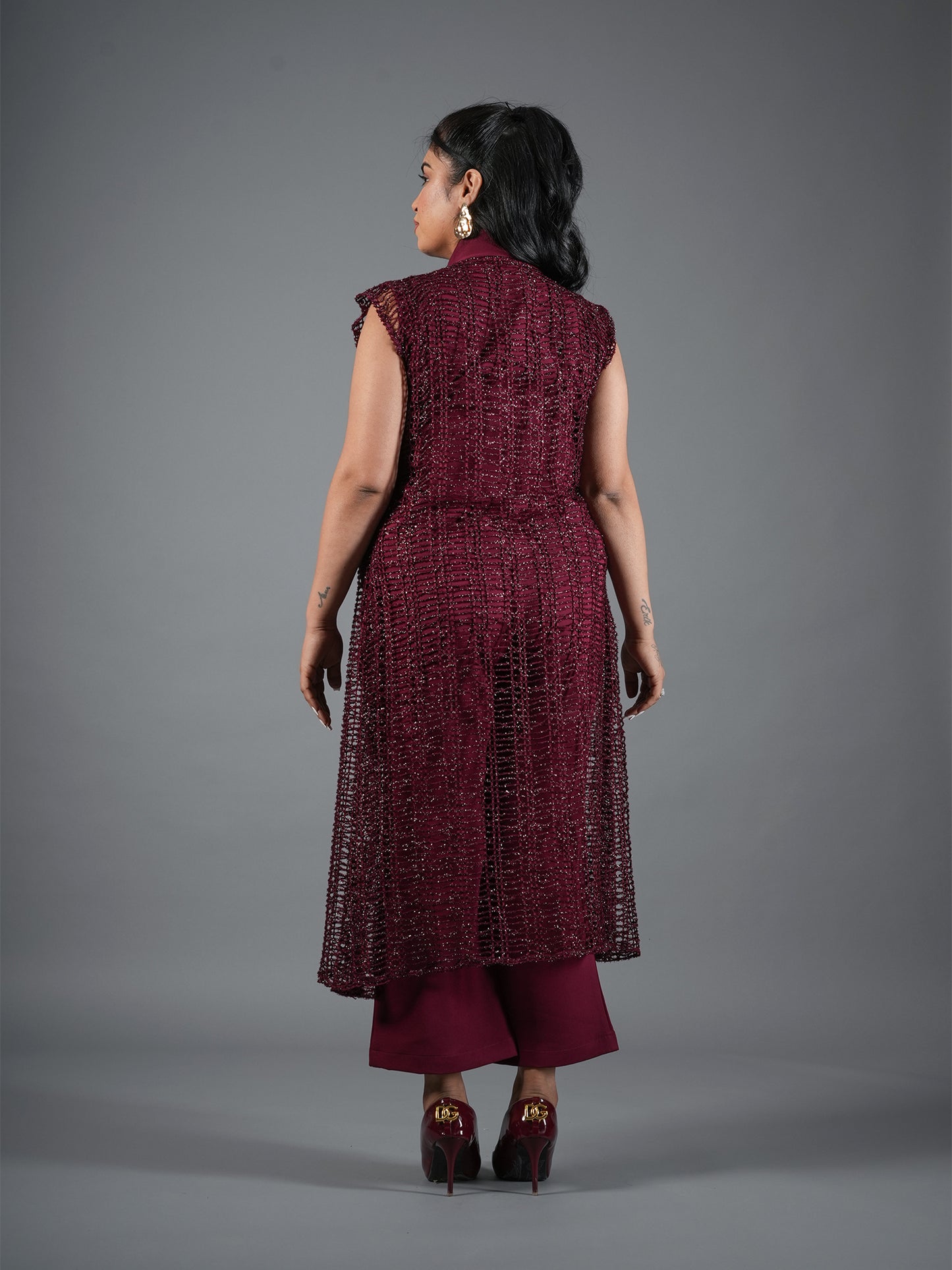 mehroon Embellished Cape Pant Coord Set With Shrug