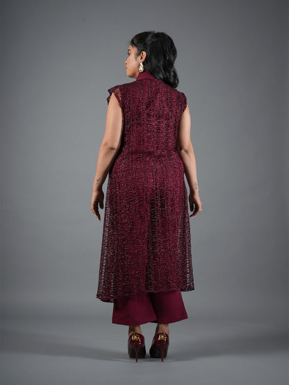 mehroon Embellished Cape Pant Coord Set With Shrug