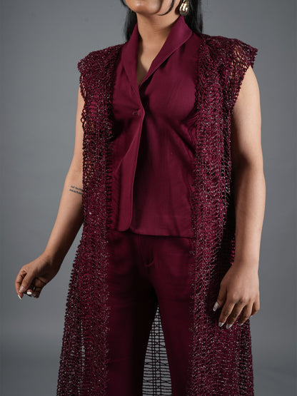 mehroon Embellished Cape Pant Coord Set With Shrug